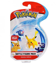 Pokemon Battle Figures - Pikachu and Popplio in packaging, ideal for fans and collectors.