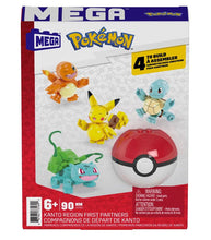 Load image into Gallery viewer, MEGA Pokemon Kanto Region First Partners building set with Bulbasaur, Charmander, Squirtle, Pikachu, and Poké Ball.
