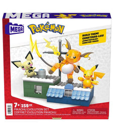 MEGA Pokemon Pikachu Evolution Set featuring Pichu, Pikachu, and Raichu with detailed rooftop environment.