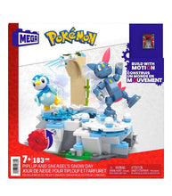 Load image into Gallery viewer, MEGA Pokemon Piplup &amp; Sneasel's Snow Day building set featuring Motion Brick and snowy scene.
