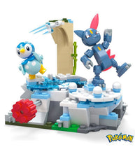 Load image into Gallery viewer, MEGA Pokemon Piplup &amp; Sneasel's Snow Day building set with snowy scene and Motion Brick.
