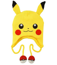 Load image into Gallery viewer, Pokemon Laplander Pikachu Beanie with ear flaps, rosy cheeks, and Poké Ball tassels.
