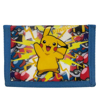 Load image into Gallery viewer, Tri-fold Pikachu wallet with lightning bolts and Poké Balls design.
