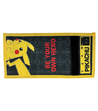 Load image into Gallery viewer, Pokemon Tri-fold Pikachu Wallet with Pikachu design and text "Be Your Own Hero".

