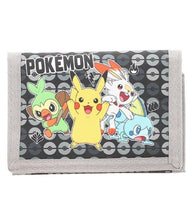 Load image into Gallery viewer, Pokemon Tri-fold Galar Starter Wallet featuring Pikachu, Grookey, Scorbunny, and Sobble with card slots and ID window.
