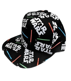 Star Wars 80s Flat Brim Cap with lightsaber design on black background.
