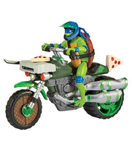 Load image into Gallery viewer, Teenage Mutant Ninja Turtles Movie Ninja Kick Cycle toy with Leo on a detailed motorbike featuring pizza-themed levers and accessories.
