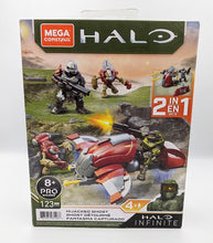Load image into Gallery viewer, Halo Infinite Mega Construx Hijacked Ghost building set featuring action figures and the rapid assault vehicle on packaging.
