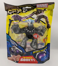 Load image into Gallery viewer, Goo Jit Zu Black Panther toy in packaging with metallic goo filling and stretchy features.
