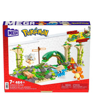 Load image into Gallery viewer, MEGA Pokemon Jungle Ruins Construction Set with Cubone, Charmander, and Omanyte figures, buildable ancient ruins environment.
