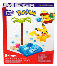 Load image into Gallery viewer, MEGA Pokemon Pikachu Beach Splash Construction Set box with 79 pieces and beach scene.
