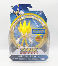 Load image into Gallery viewer, Super Sonic 4 Inch articulated action figure with gold coin accessory in packaging.
