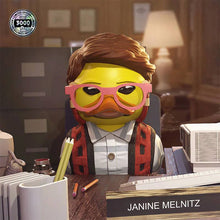 Load image into Gallery viewer, TUBBZ Ghostbusters Janine Melnitz Collectible Duck with red hair and glasses, on office desk.
