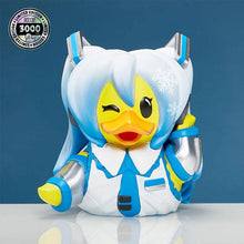 Load image into Gallery viewer, TUBBZ Hatsune Miku Snow Miku Collectible Duck in winter outfit with displayable tub box.
