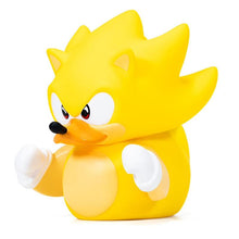 Load image into Gallery viewer, Hedgehog Super Sonic collectible duck in golden armor with white gloves and red shoes.
